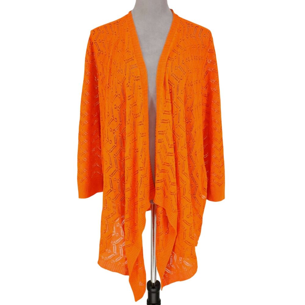 Chicos Sweater 3 Womens XL Orange Cardigan Open Front Shark Hem Textured New